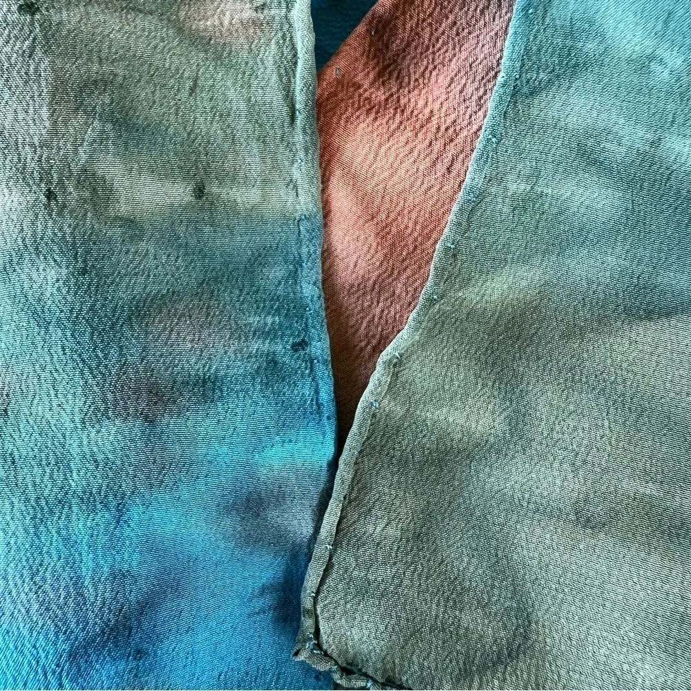 Vintage BYL 100% Silk Watercolor Scarf Hand Rolled Edges 31” x 34.5” Blue Green